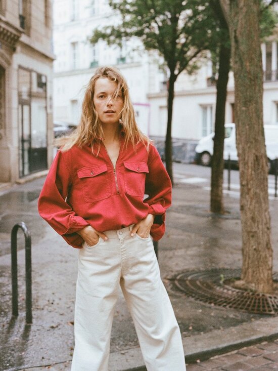 OZMA Tops - Ozma Zip Popover, Broken Twill, Tomato Medium